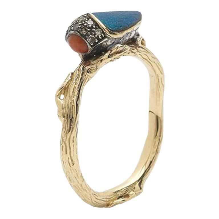18k Yellow Gold Coral Real Scarab Wings Stackable Ring For Sale