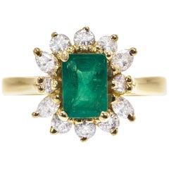 GIA Certified 1.04 Carat Emerald Diamond Halo Yellow Gold Engagement Ring