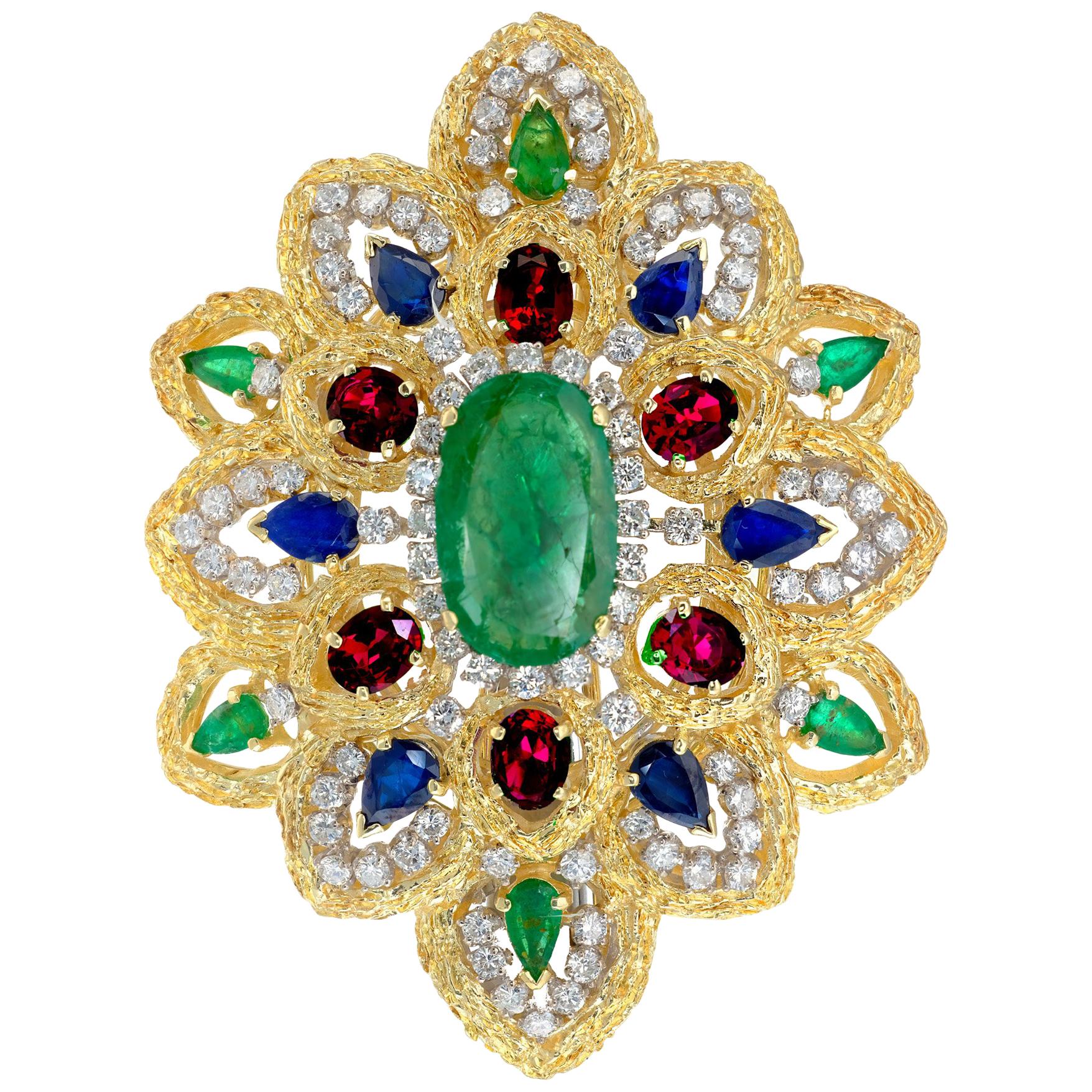 GIA Certified 11.90 Carat Emeralds Sapphire Ruby Diamond Gold Pendant Brooch
