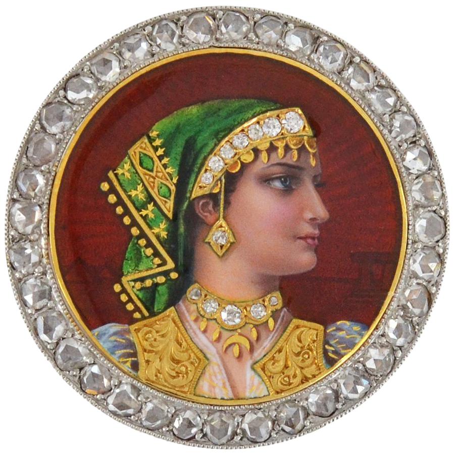 Plojoux Edwardian Rose Cut Diamond Guilloché Enameled Portrait Pin