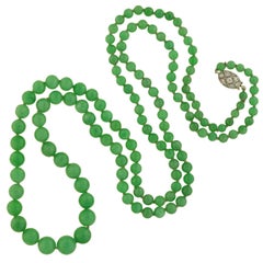 Art Deco GIA Certified Natural Jadeite Bead Necklace with Platinum Diamond Clasp
