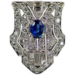 Antique Platinum Deco Diamond Sapphire Shield Brooch