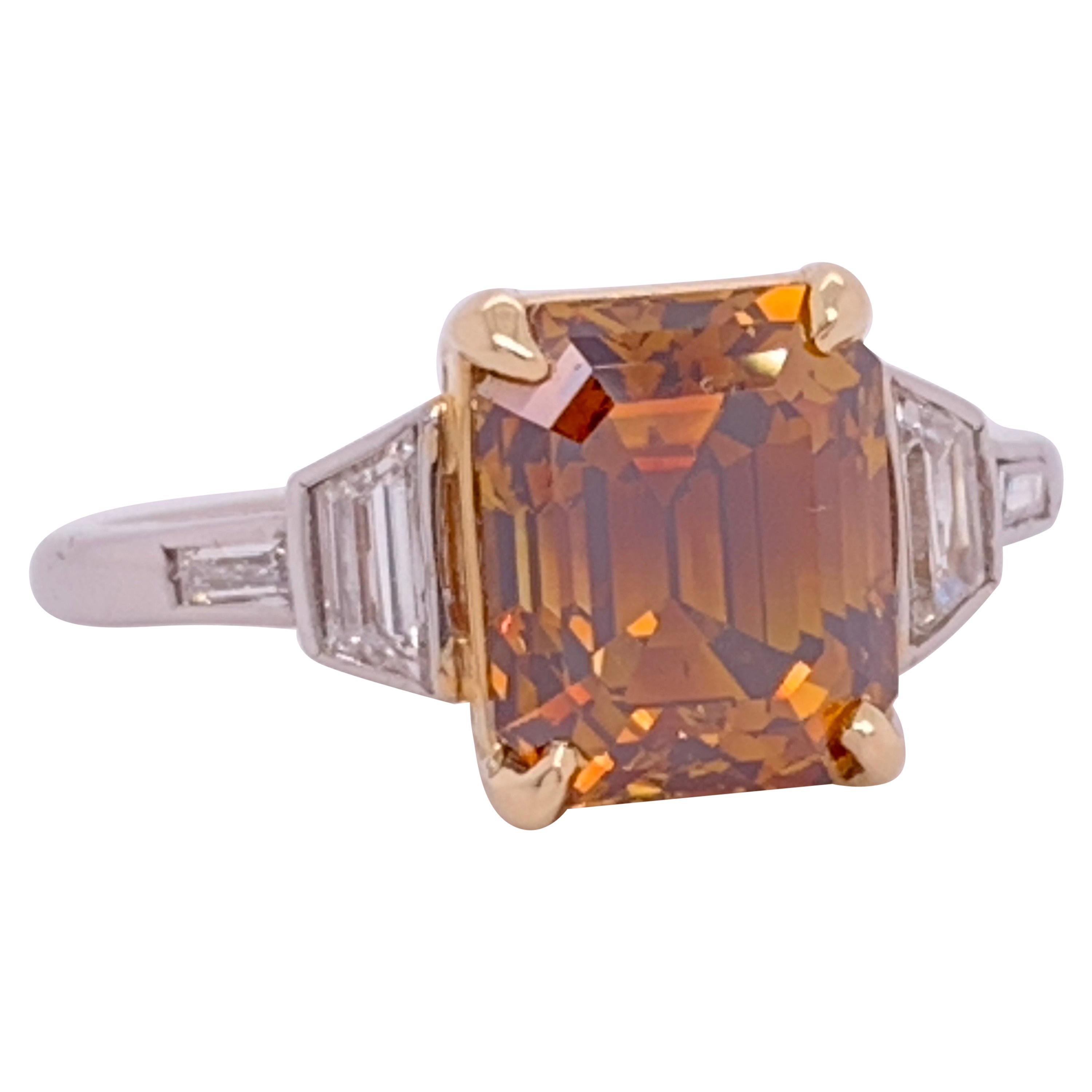 Platinum Natural Emerald Cut Diamond Ring GIA 3.37 Carat Fancy Deep Orange-Brown
