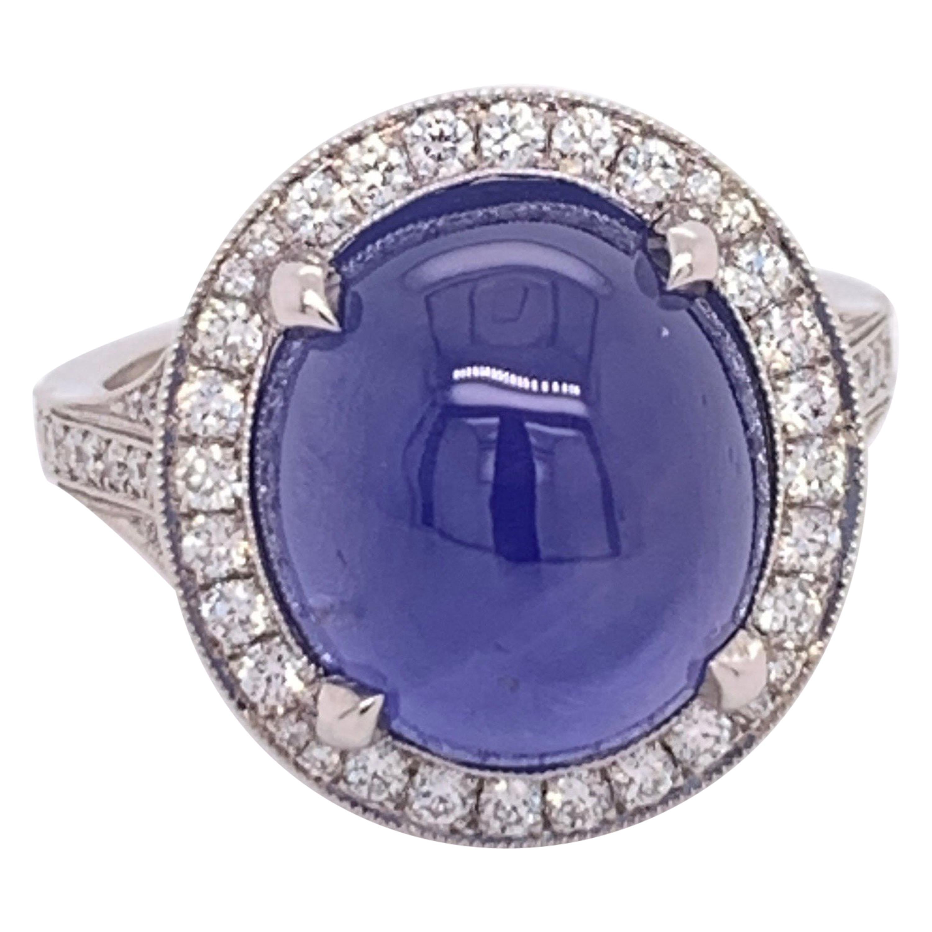 Platinum 10.80 Carat GIA Certified No Heat Blue Star Sapphire CAB & Diamond Ring For Sale