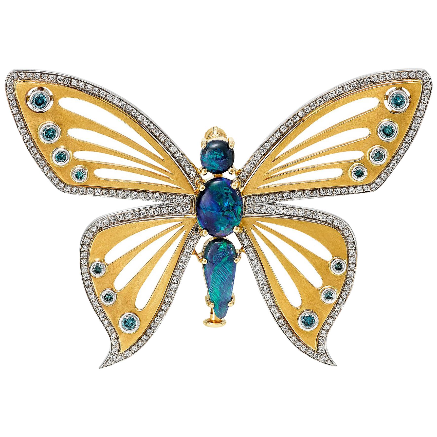 Giulians 18k Australian Black Opal and Diamond Butterfly Brooch