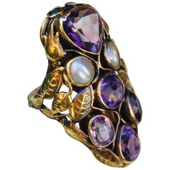 Antique Art Nouveau Amethyst and Natural Pearl 14 Karat Yellow Gold Shield Ring