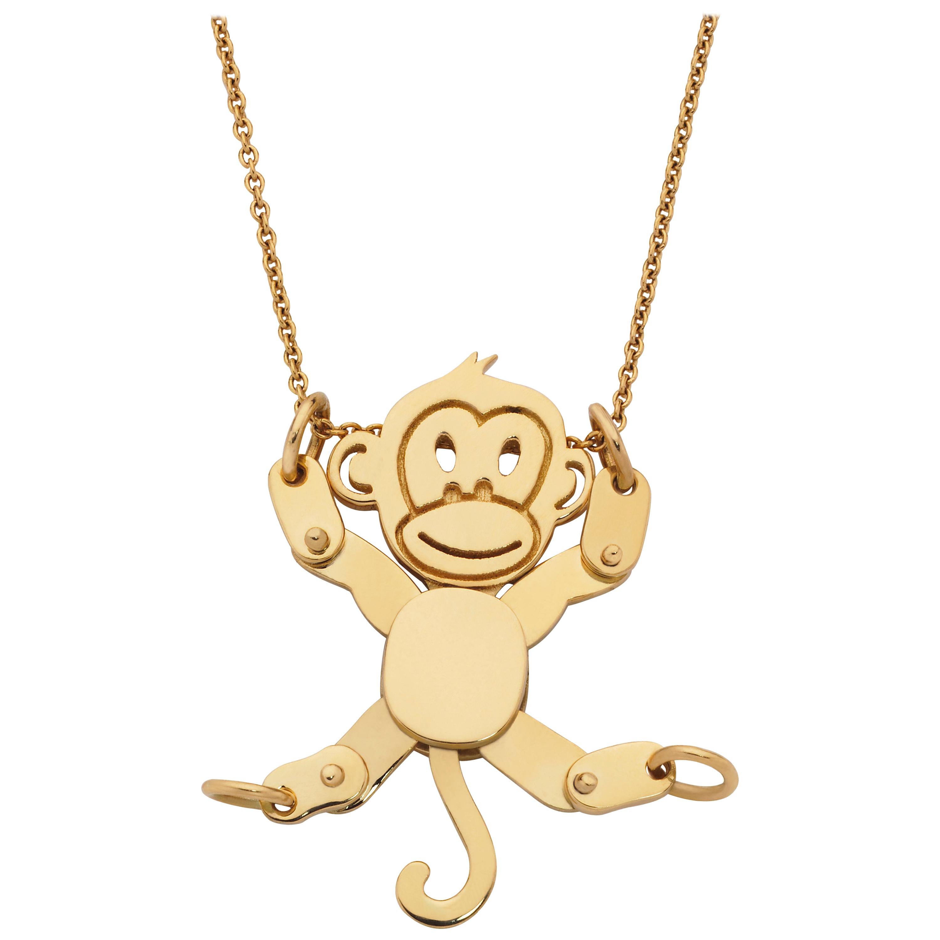 Giulians 18k Yellow Gold Movable Monkey Necklace Pendant  For Sale