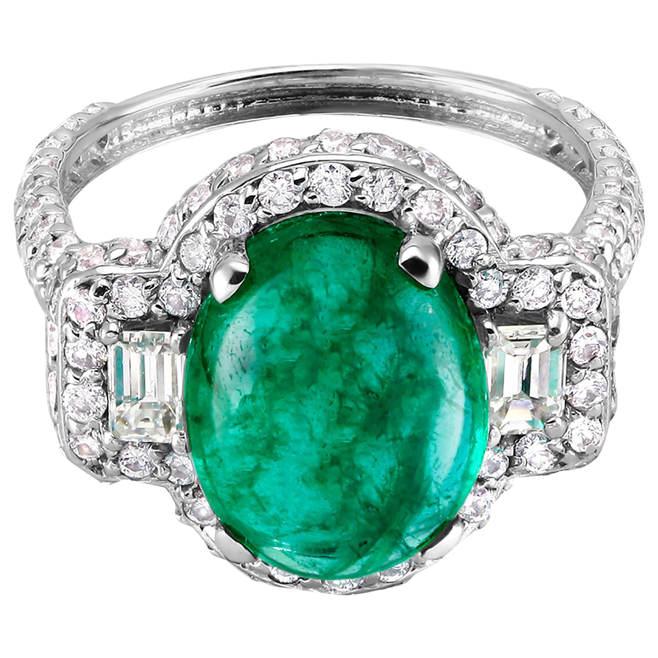 Cabochon Colombian Emerald and Diamond Cluster Cocktail Ring Weighing 7.35 Carat