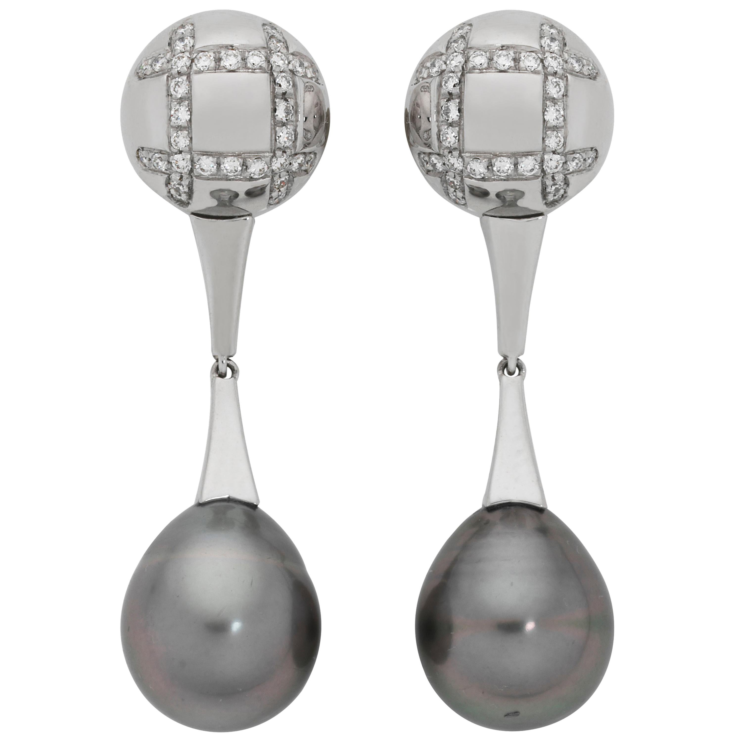 Giulians Art Deco Style 18k Black South Sea Pearl and Diamond Drop Earrings For Sale