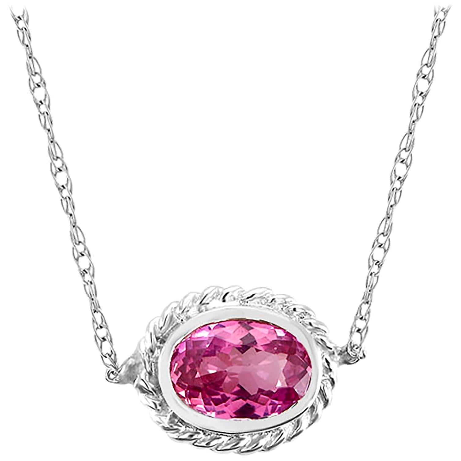 White Gold Pink Sapphire and Diamond Pendant Necklace Weighing 0.73 Carat