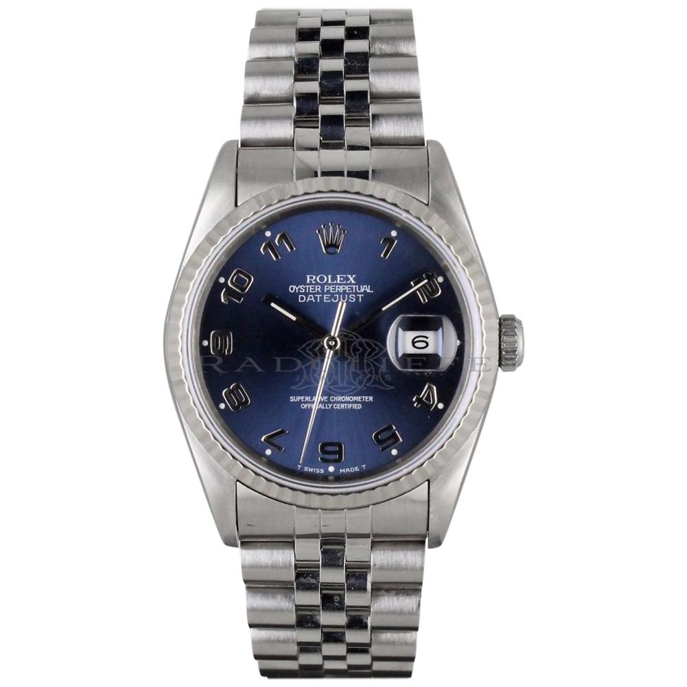 Rolex 16234 Datejust S-Serial Blue Arabic Dial 18k White Gold & Steel Automatic For Sale