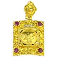 Vintage Georgios Collections 18 Karat Yellow Gold Diamond Ruby Coin Pendant of Athena