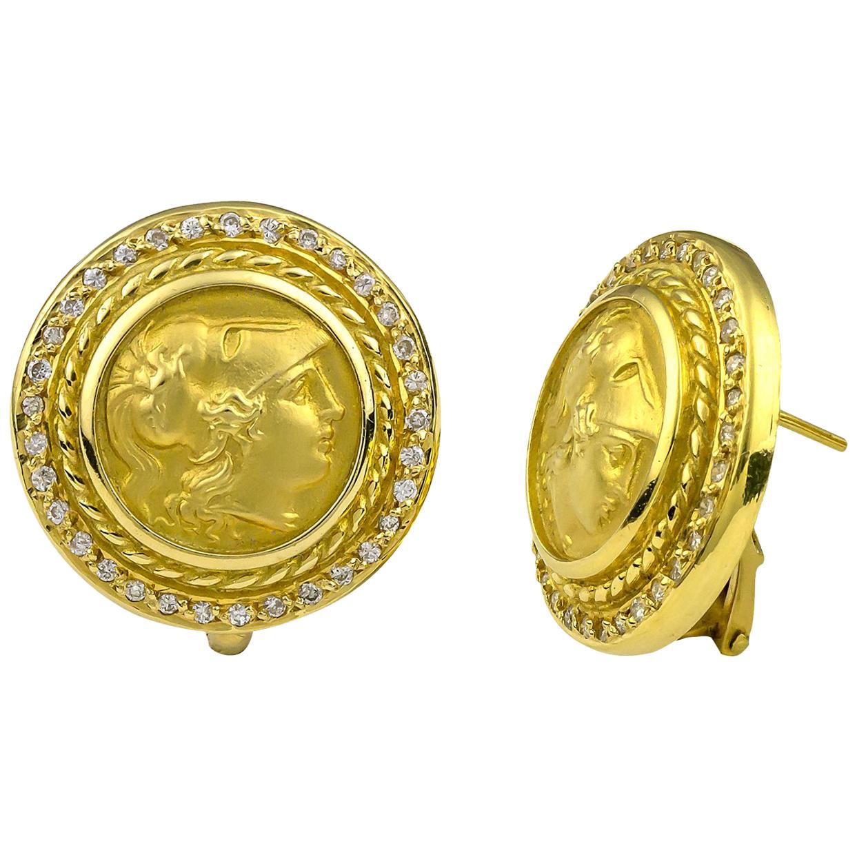 Georgios Collections 18 Karat Yellow Gold Diamond Coin Stud Earrings of Athina For Sale