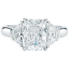 Three-Stone Cushion Cut Half Moon Diamond Engagement Ring in Platinum 4.12 Carat