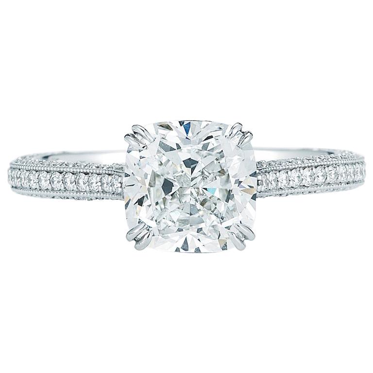 Cushion Cut Solitaire Triple Pave Diamond Engagement Ring in Platinum 2.80 Carat