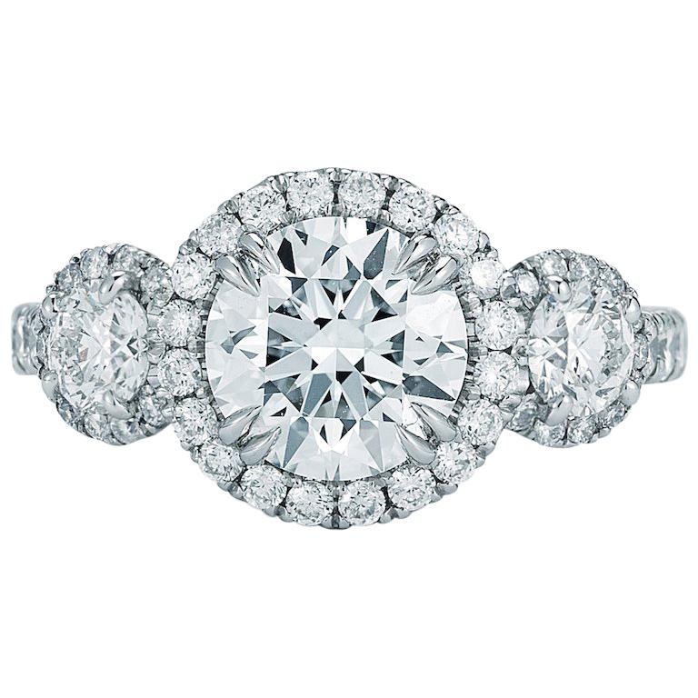 Three-Stone 3.21 Carat Diamond Halo Set Engagement Ring Platinum GIA