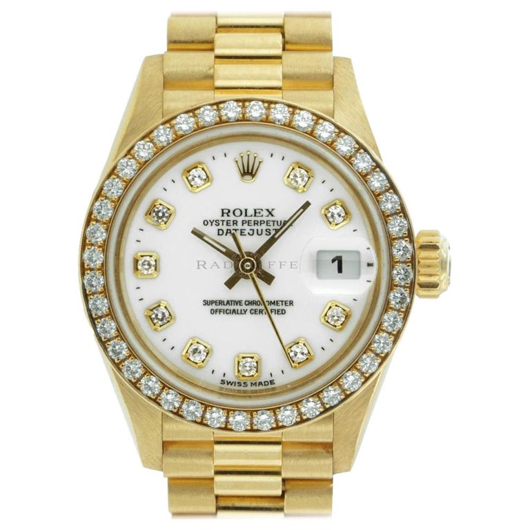 Rolex Datejust White Serti Factory Diamond Bezel 18 Karat Yellow Gold For Sale At 1stdibs