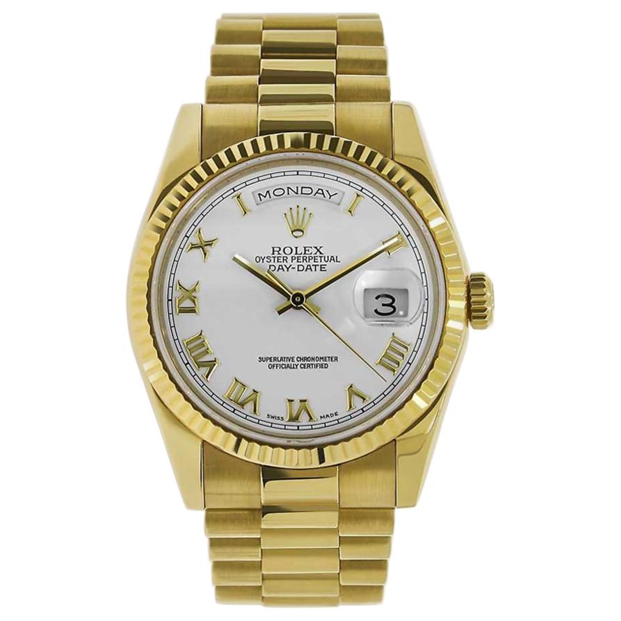 Rolex Day-Date 18 Karat Yellow Gold President White Dial Watch 18238 For Sale