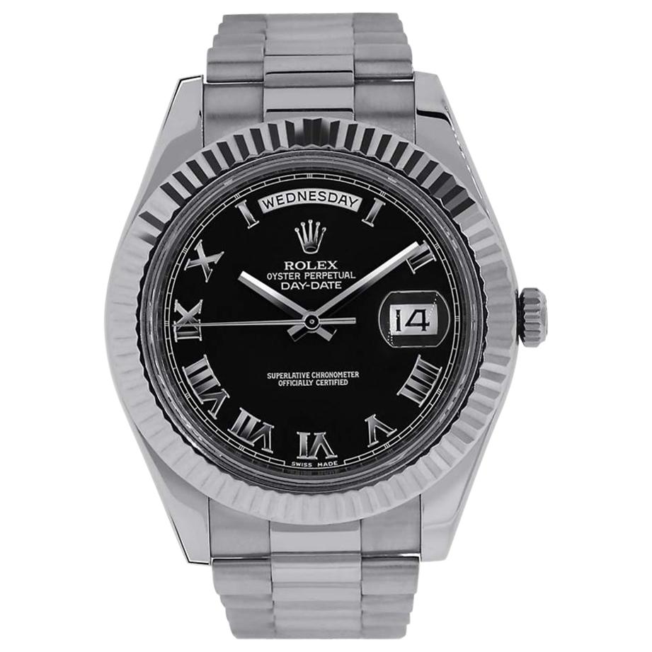 Rolex Day-Date II 18 Karat White Gold Black Roman Dial Watch 218239