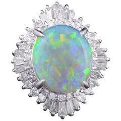 Set in Platinum 900, Australian Opal and Taper Baguette Diamonds Cocktail Ring