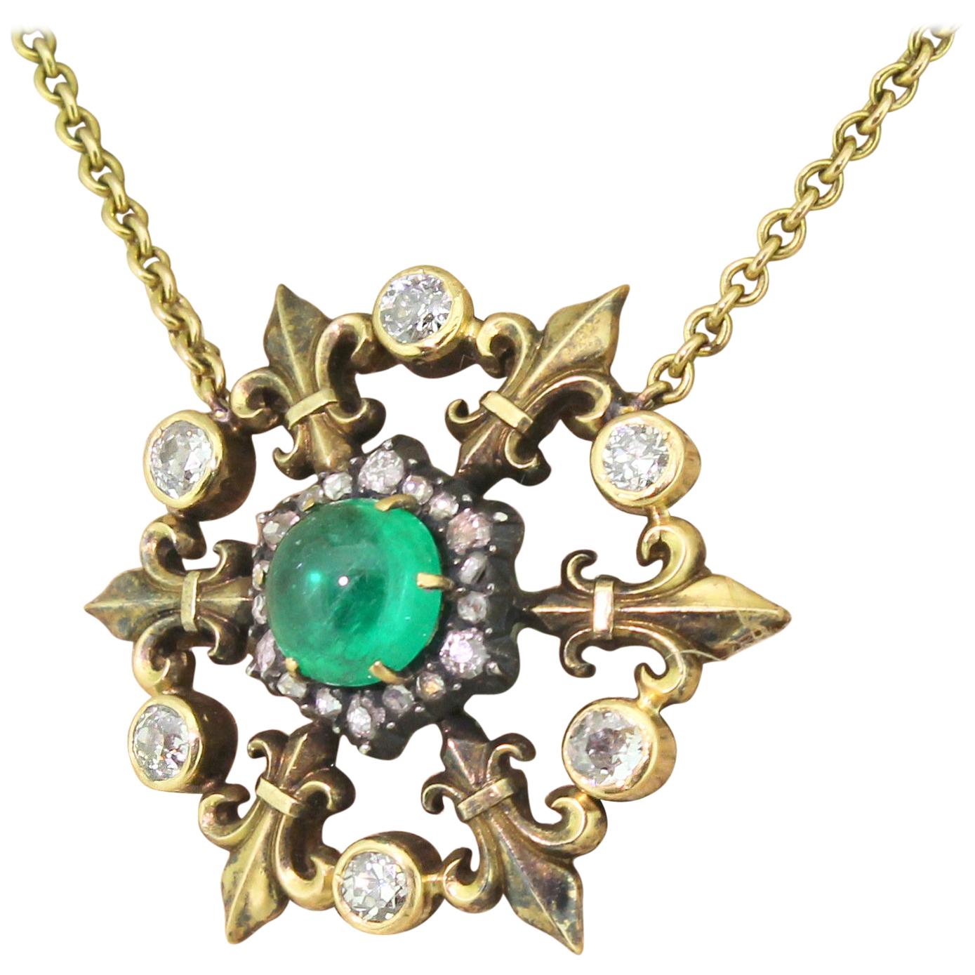 Victorian 1.88 Carat Cabochon Emerald and Diamond Pendant Necklace