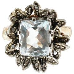 Vintage 3.10 Carat Aquamarine, Diamonds Rose Gold Cocktail Ring