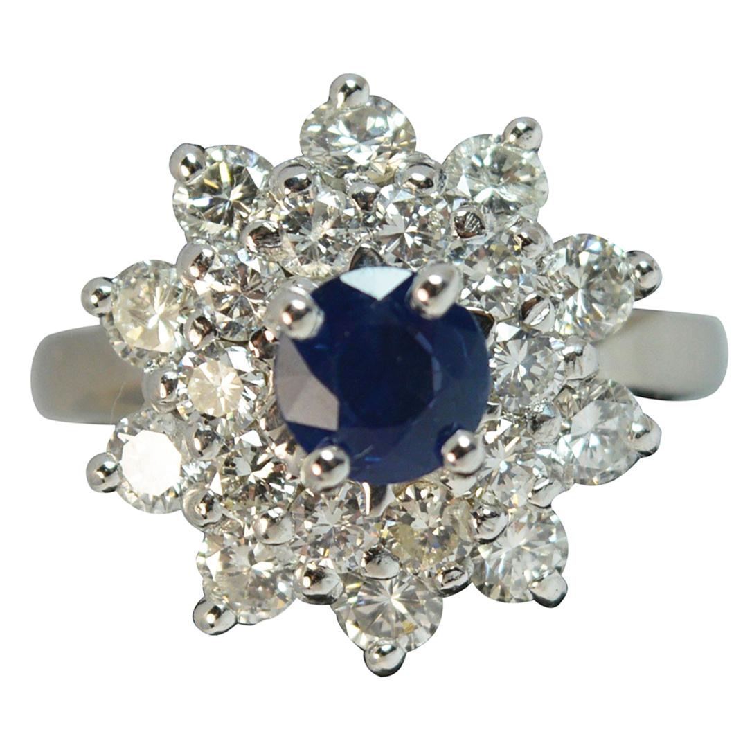 Natural Sapphire and 1.7 Carat Diamond Platinum Cluster Ring