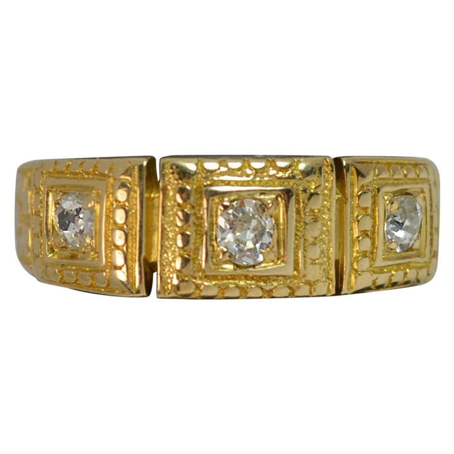 Mid Victorian 18ct Gold Old Cut Diamond Trilogy Stack Ring with Full Engraving