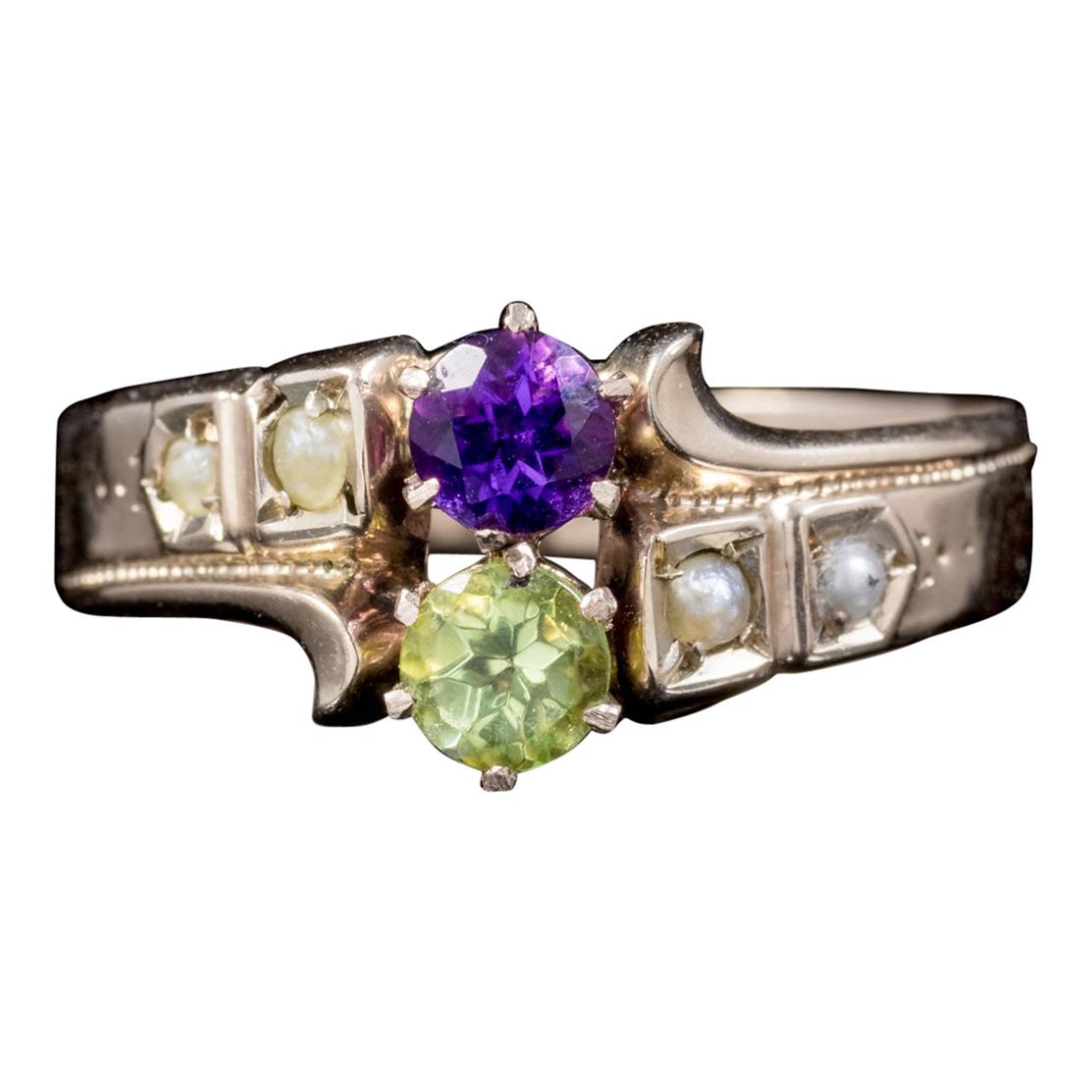 Antique Victorian Amethyst Pearl Peridot Suffragette Ring 18 Carat Gold