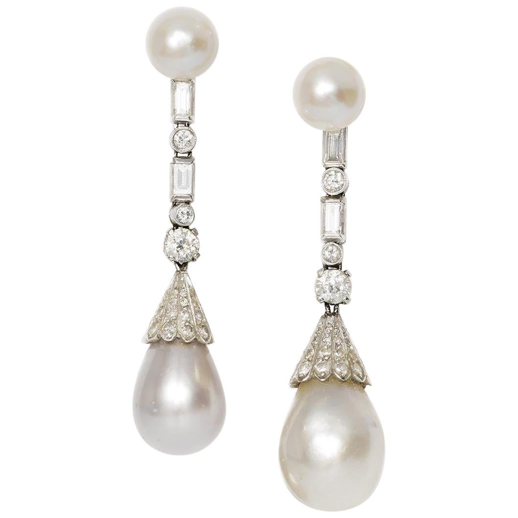 SSEF Certified 60 and 44 Grain Natural Pearl Diamond Drop Earrings For Sale