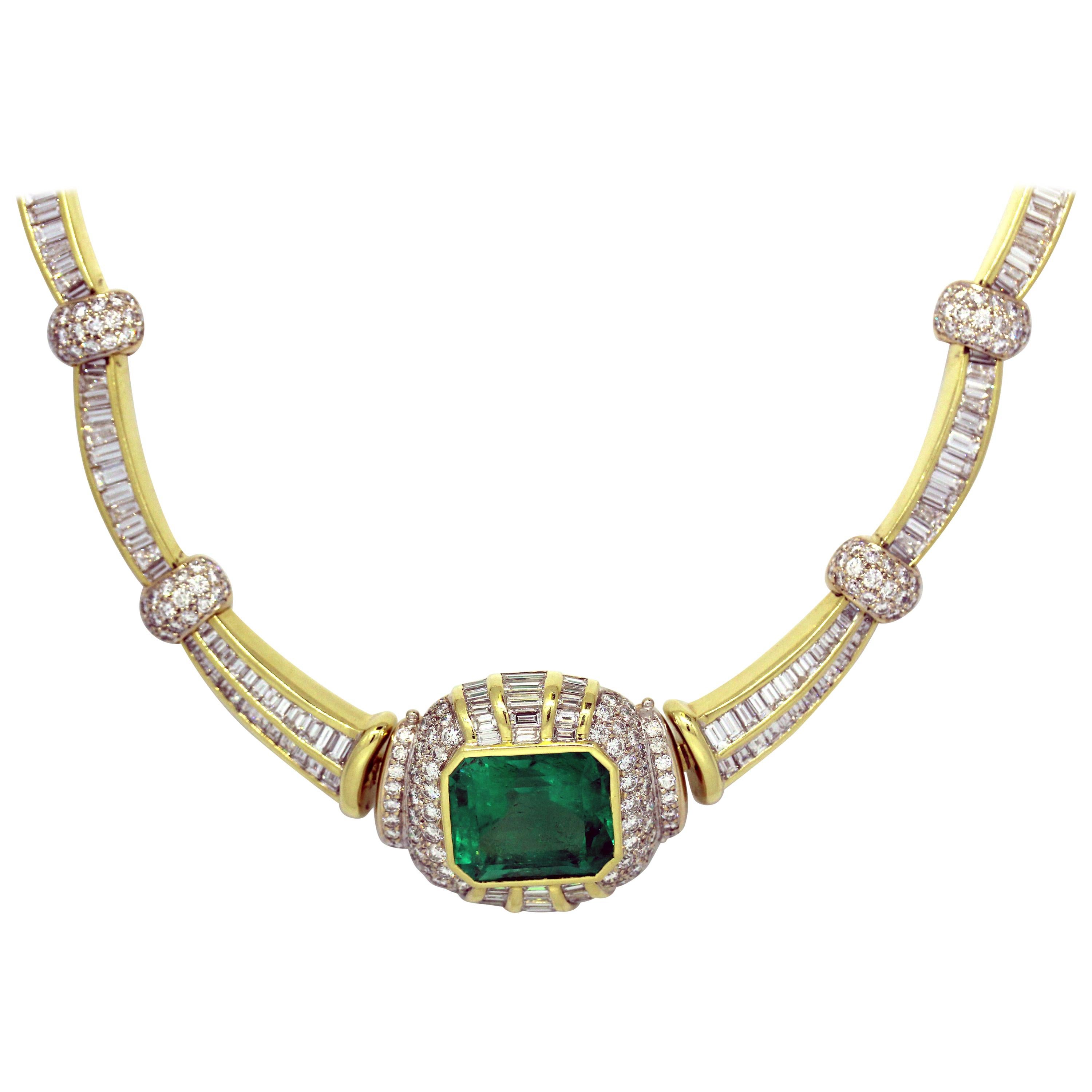 AGL Certified Colombian Emerald and Baguette Diamond Gold Necklace