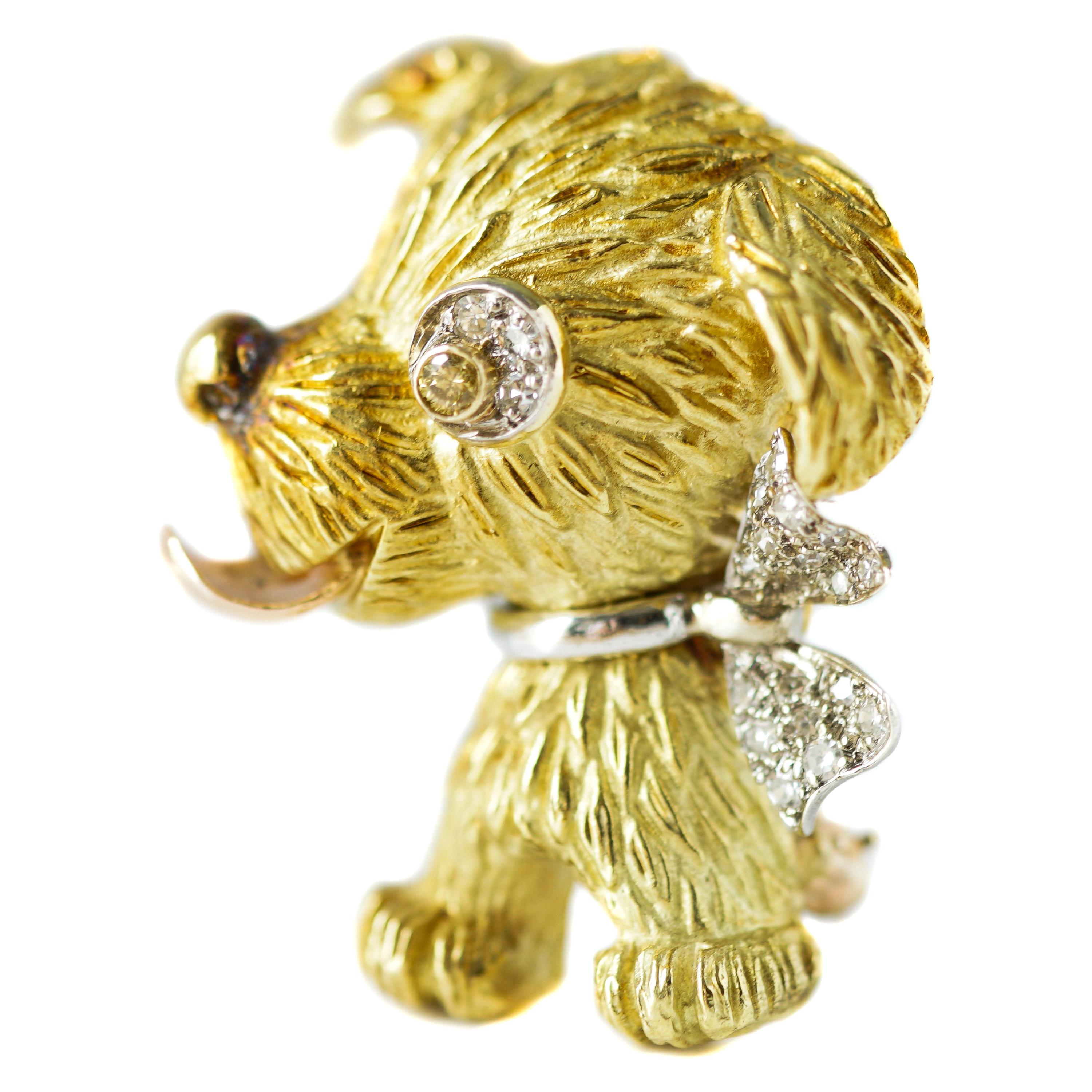 0.15 Carat Diamond and 18 Karat Gold Puppy Dog Brooch