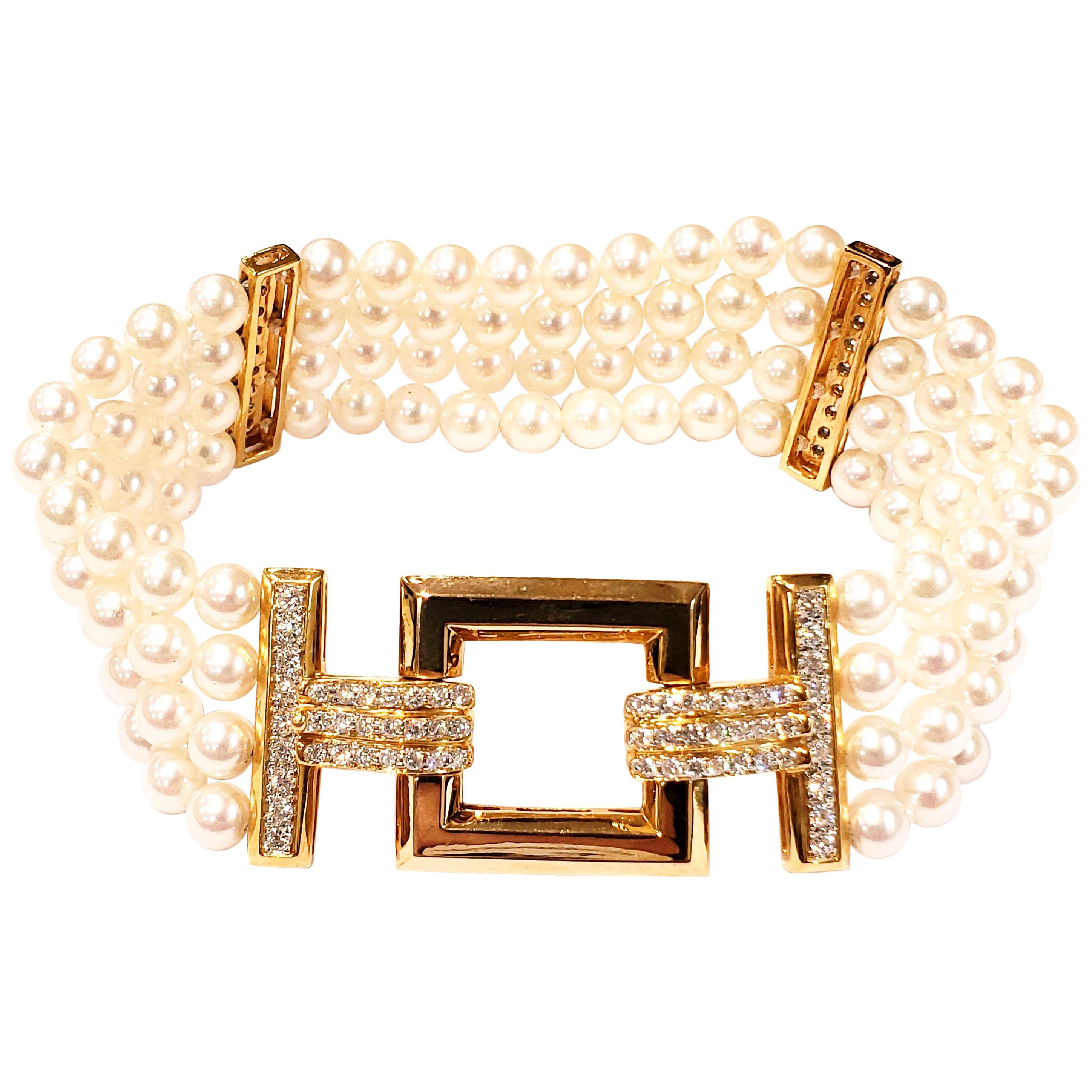 Four-Row Cultured Pearl Bracelet with 18 Karat Yellow Gold Diamonds For Sale
