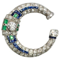 Platinum Deco Sapphire Emerald Diamond Crescent Brooch