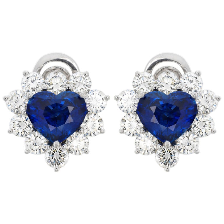 4.91 Carat Heart Shaped Sapphire and Diamond Earrings For Sale at 1stDibs