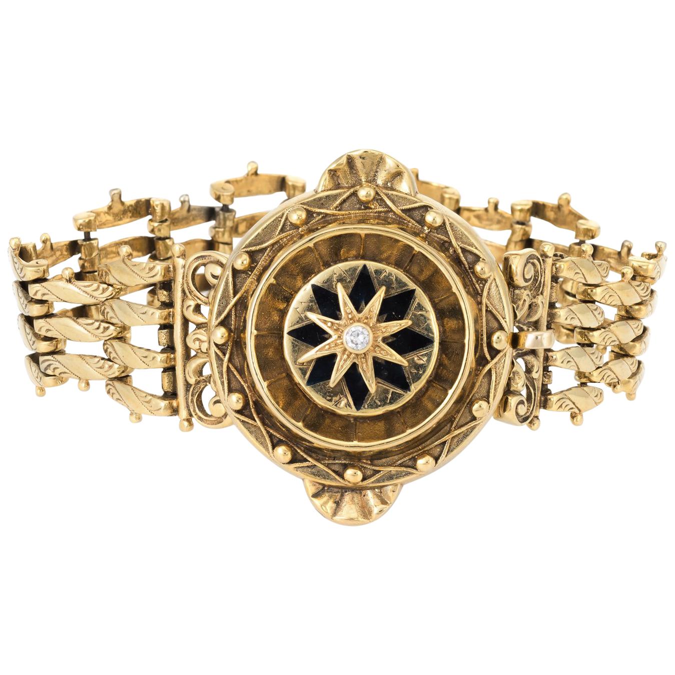 Vintage Victorian Revival Bracelet Diamond Enamel 14 Karat Gold Estate Jewelry