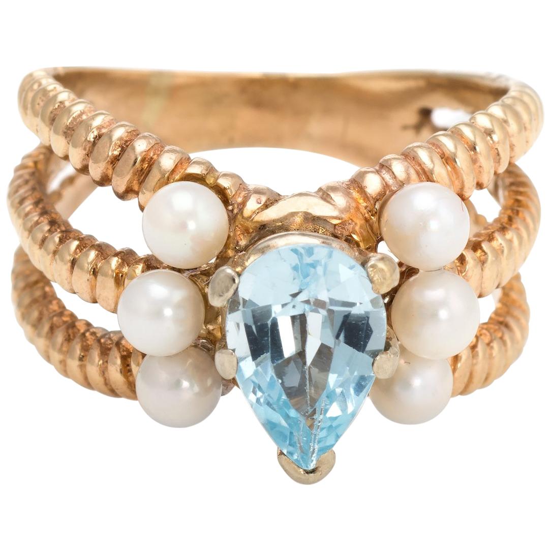 Vintage Cocktail Ring Blue Topaz Cultured Pearl 14 Karat Gold Estate Jewelry
