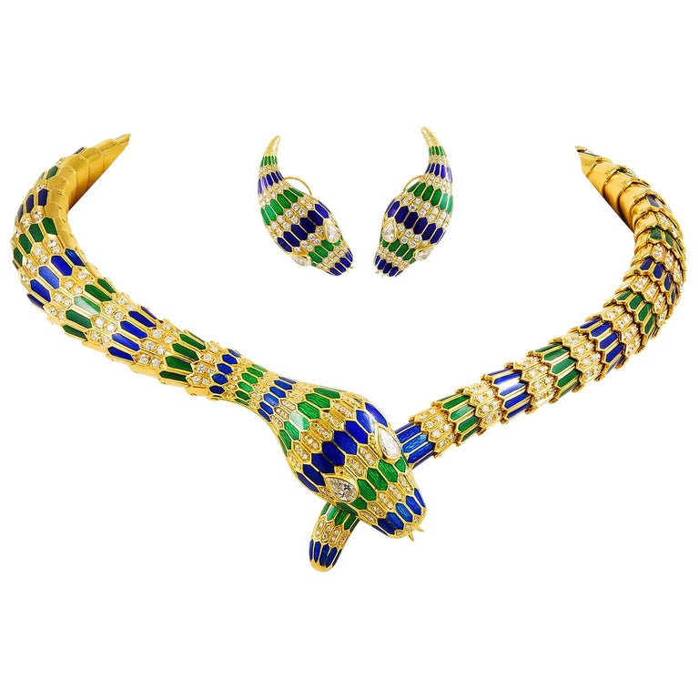 18 Karat Gold Green/Blue Enamel Diamond Snake Necklace, Earrings For Sale  at 1stDibs
