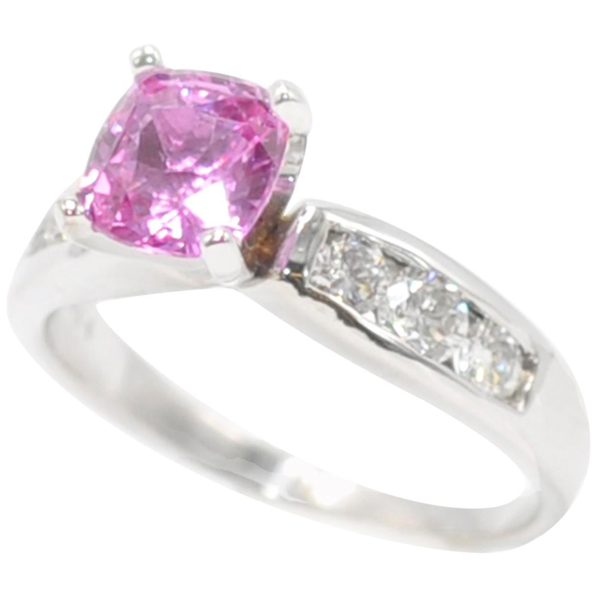 White Gold Cushion Cut Pink Sapphire and Diamond Ring