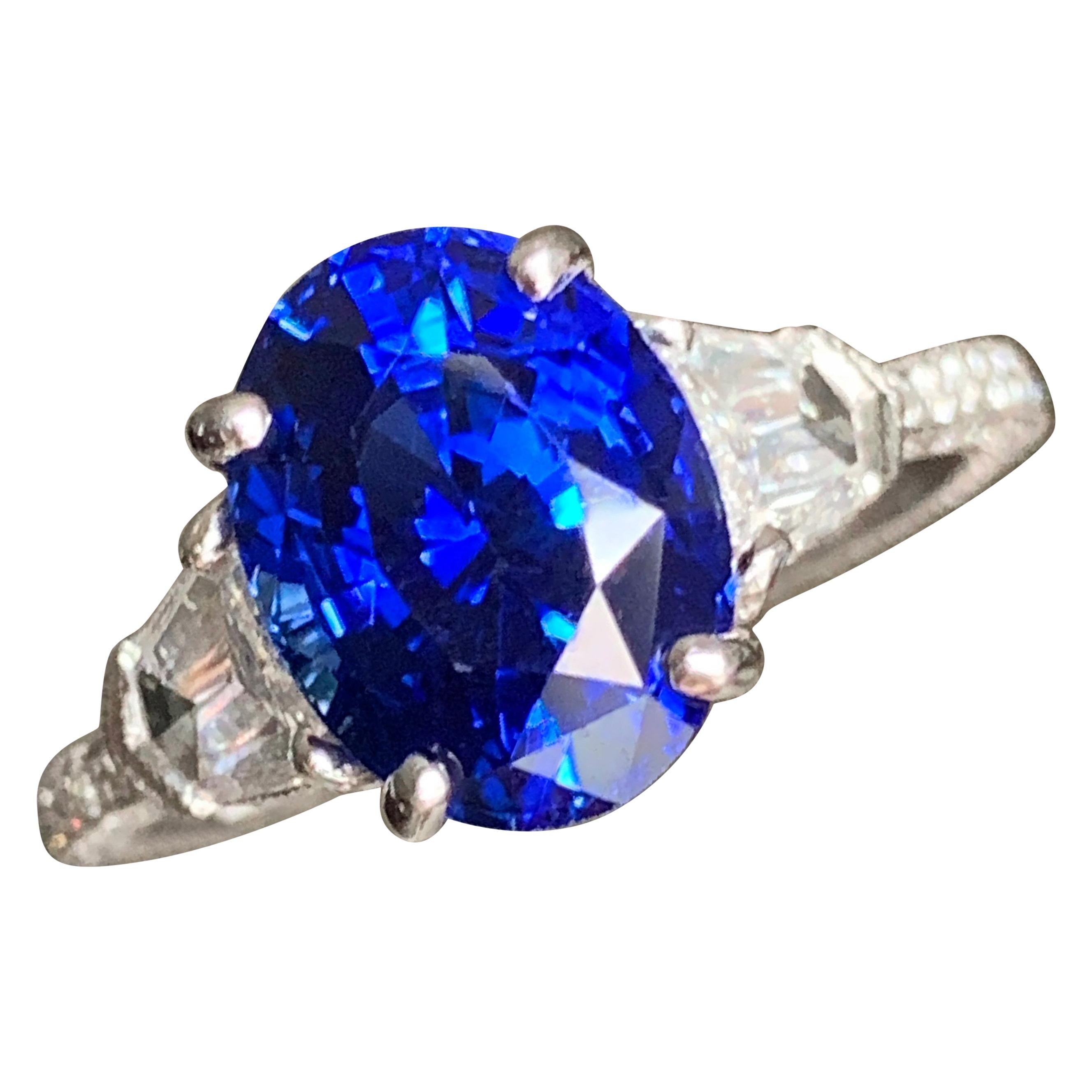 4.60 Carat tw Oval Natural Fancy Blue Sapphire & Diamond Ring 18k W - Ben Dannie For Sale