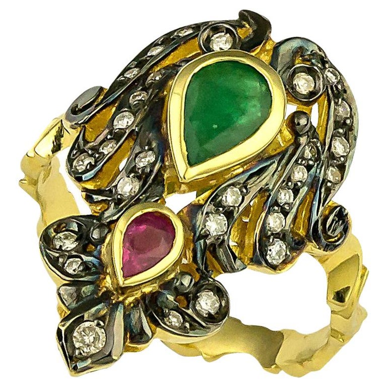 Georgios Collections 18 Karat Gold Diamond Emerald Ruby Ring with Black ...