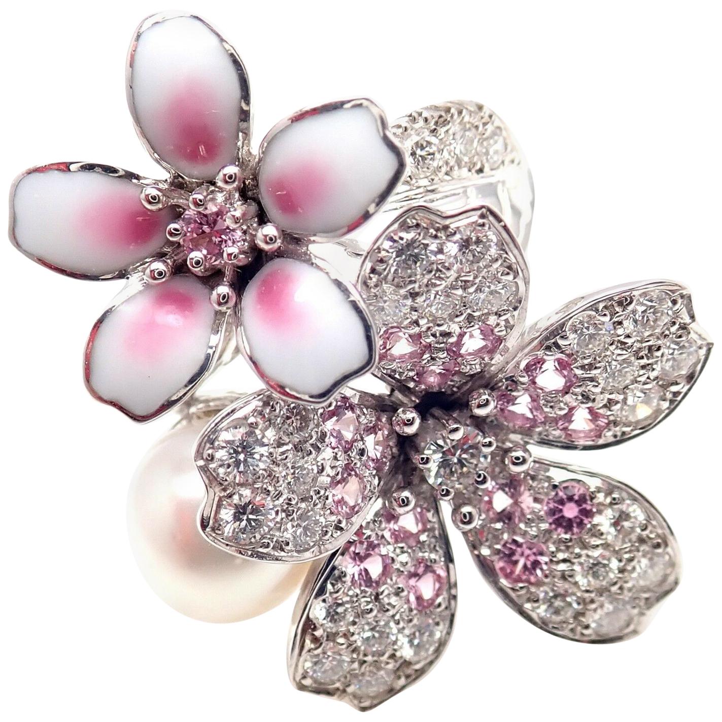 Mikimoto Sakura Diamond Pink Sapphire Pearl White Gold Flower Ring