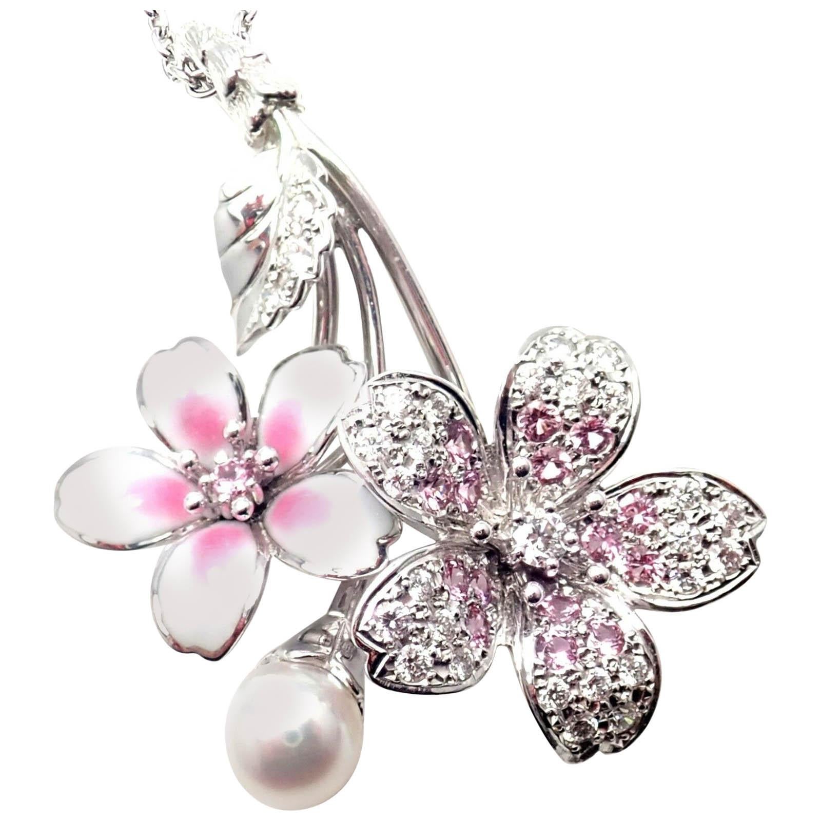 Mikimoto Sakura Diamond Pink Sapphire Pearl Flower White Gold Necklace