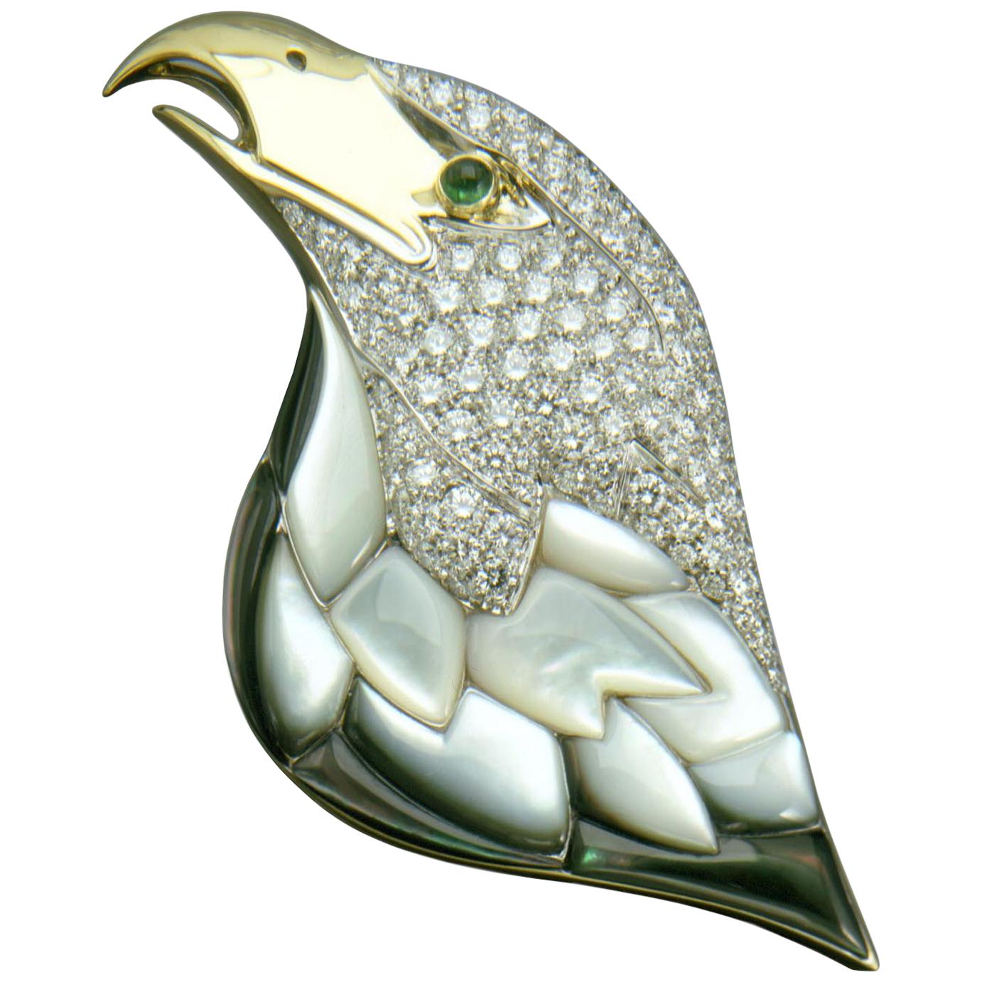 Picchiotti White and Yellow Gold Brooch, with Diamonds and Mother of Pearl For Sale