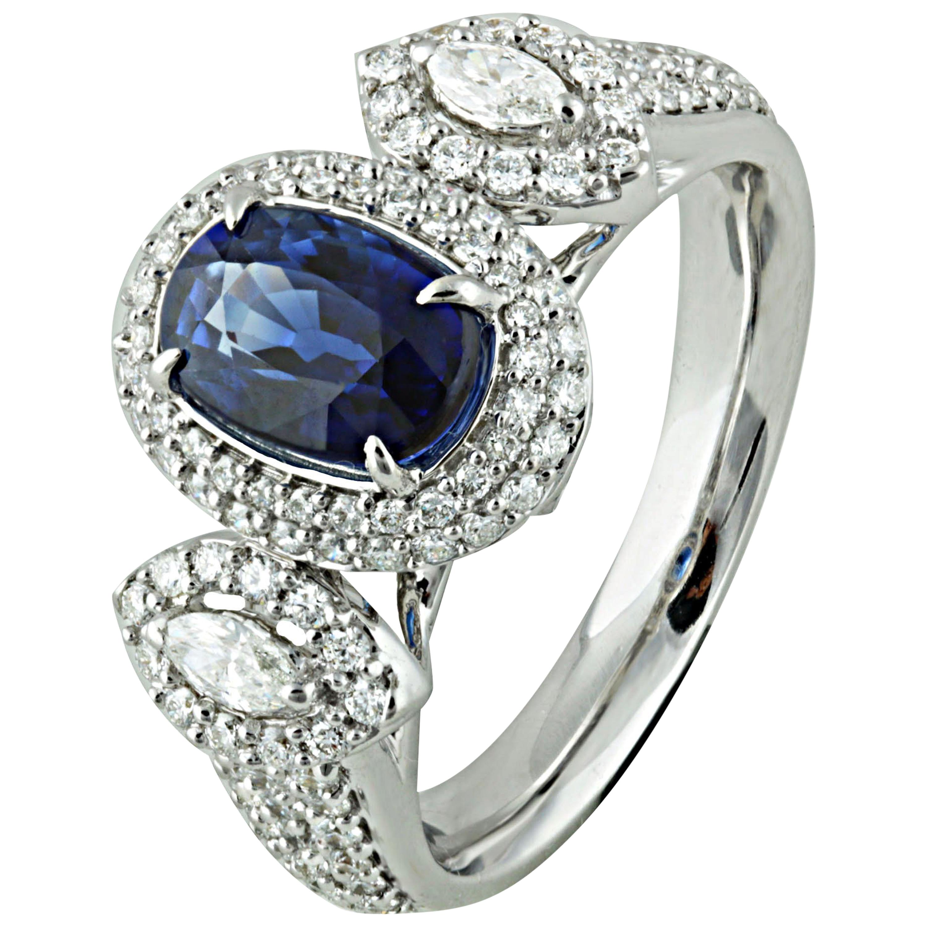 Studio Rêves 1.68 Carat Blue Sapphire and Diamond Ring in 18 Karat White Gold