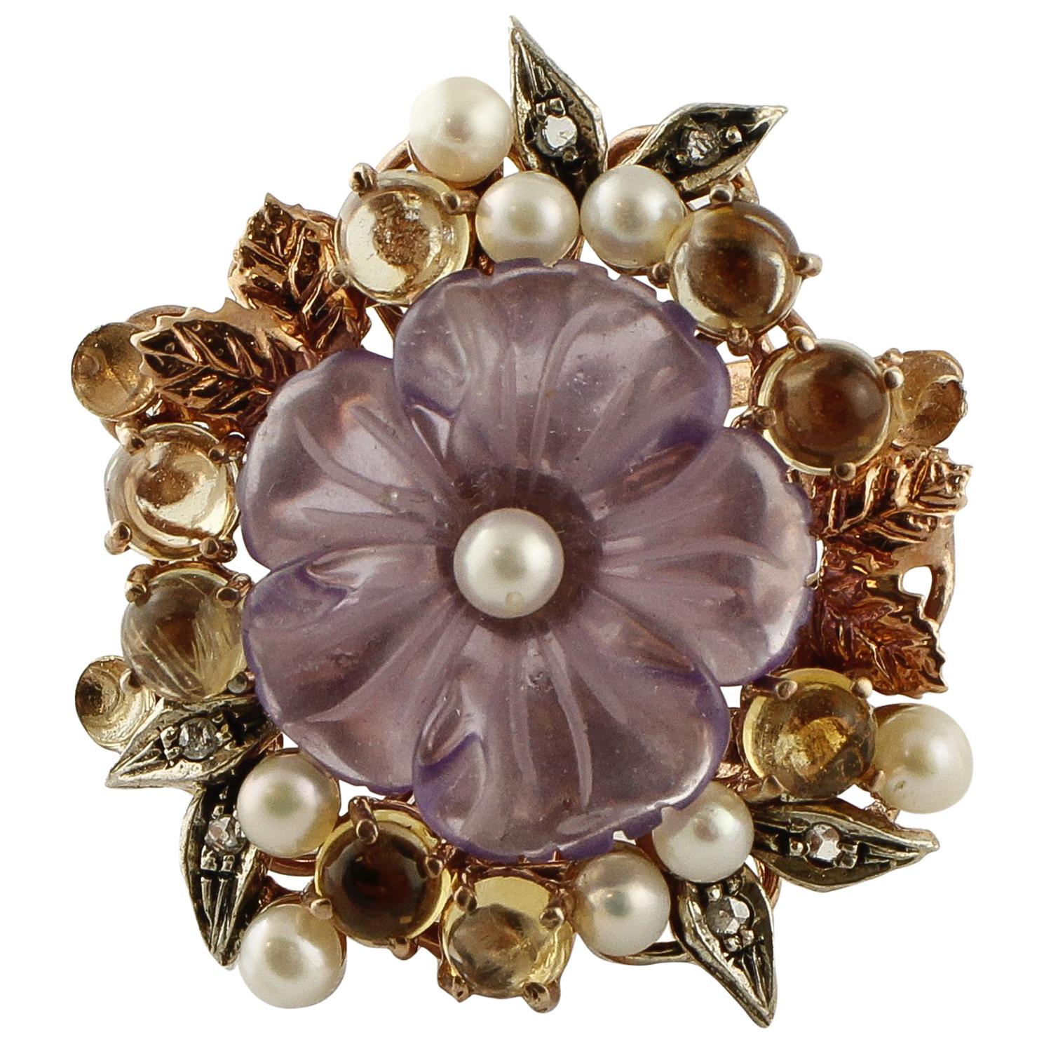 Topazes Amethyst Flower Pearls Diamonds Rose Gold and Silver Cocktail Ring