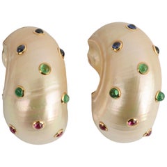Vintage Trianon Large Shell Earrings with Rubies, Sapphires and Emeralds