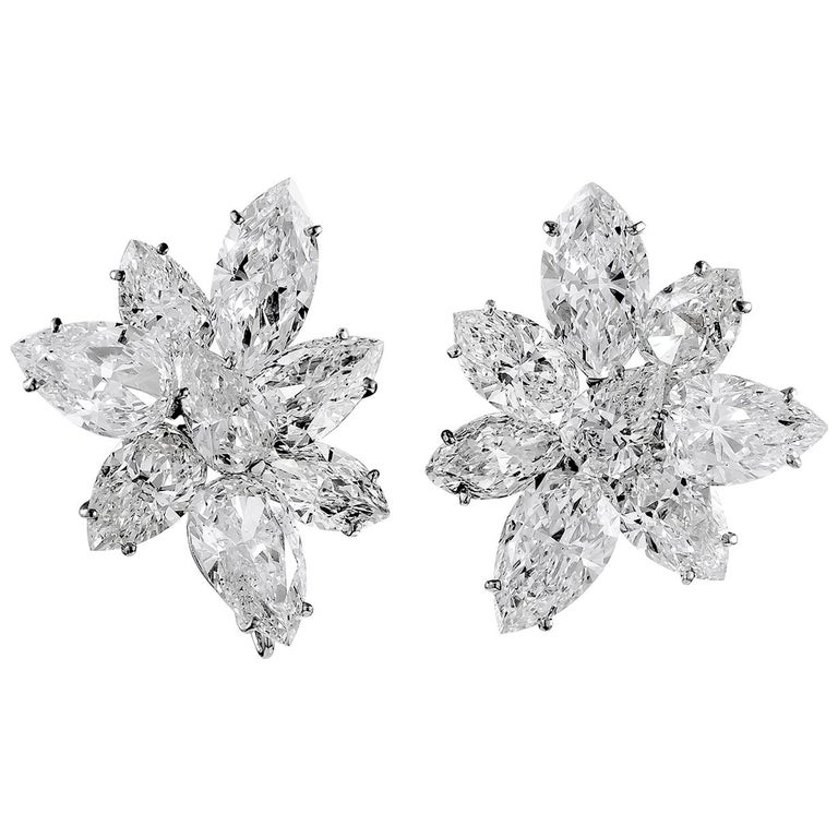 Platinum Pear, Marquise-Shaped Diamond Cluster Earrings For Sale at 1stdibs