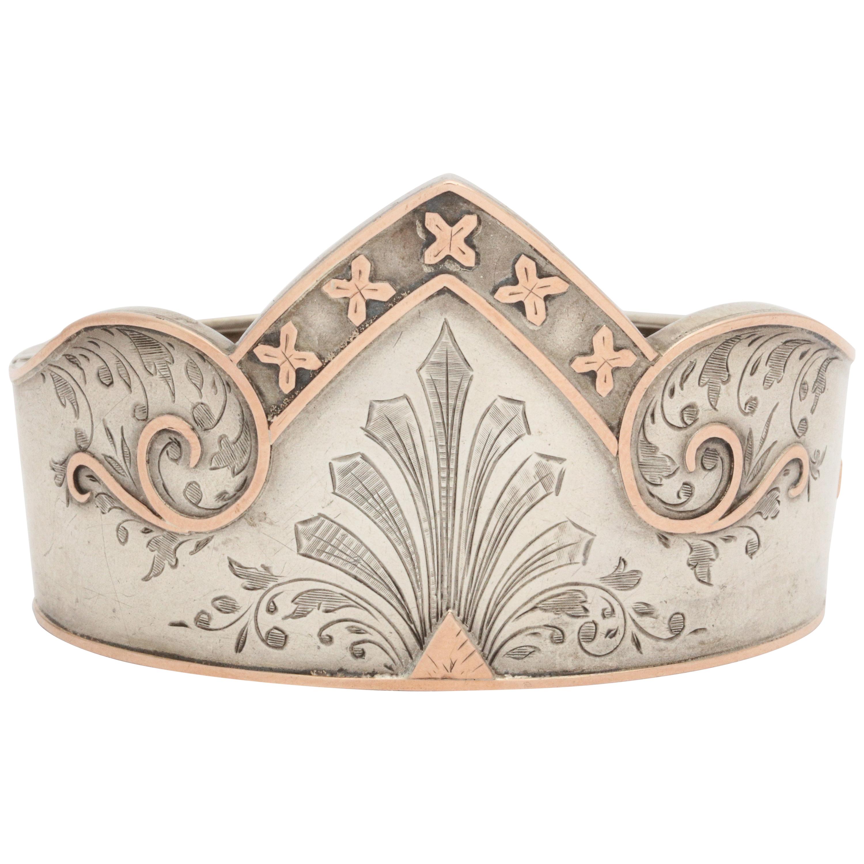 Antique Victorian Sterling Silver Cuff Crown Bracelet