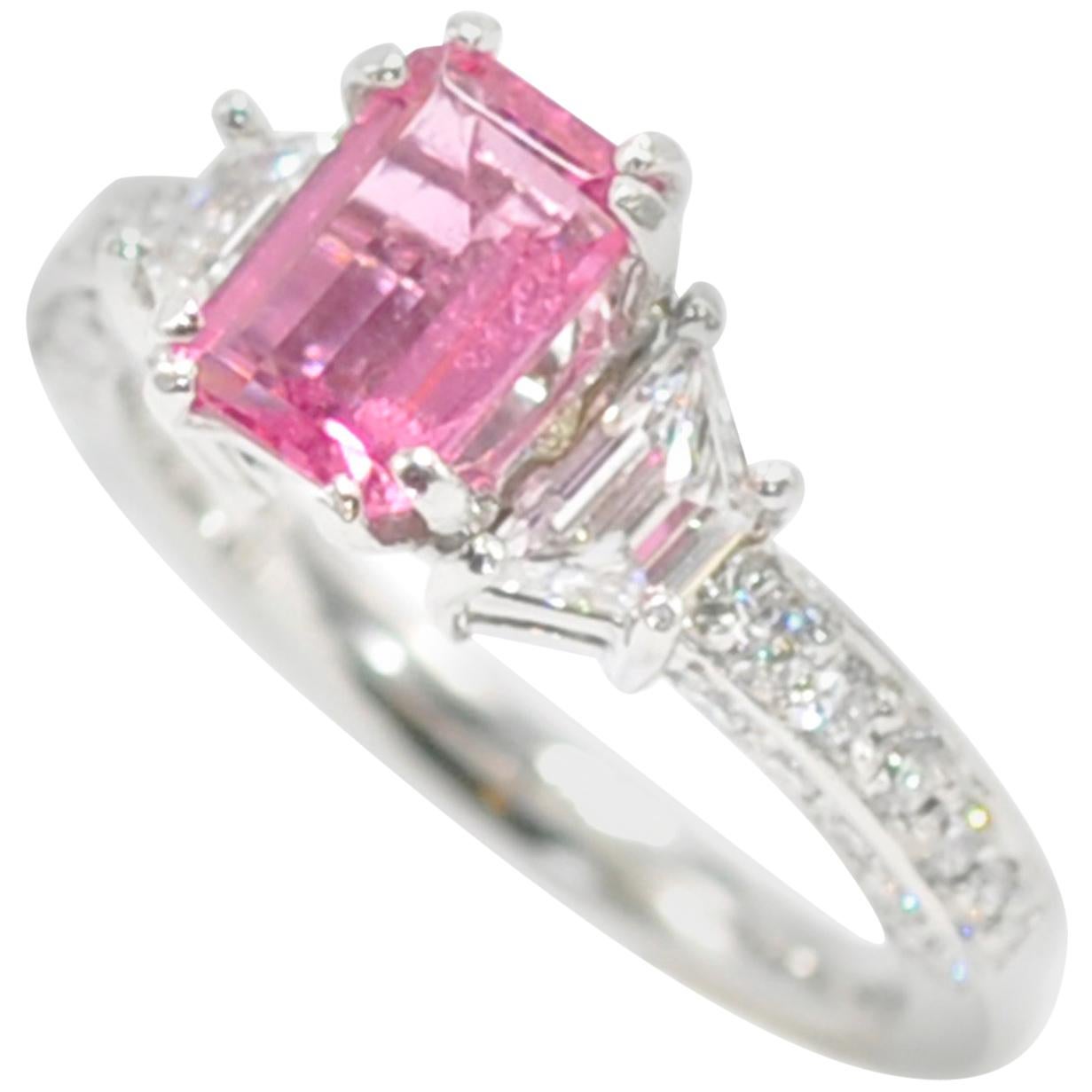 Platinum Emerald Cut Pink Sapphire and Diamond Ring